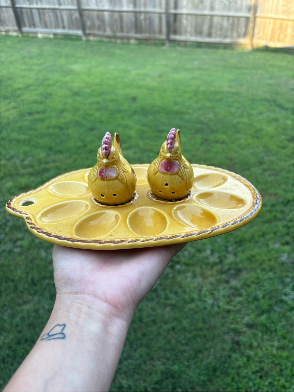Vintage Faience Platter with Chicken Shakers